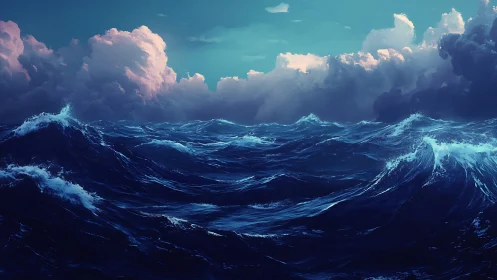 Storm-lit ocean waves rise beneath glowing dusk clouds