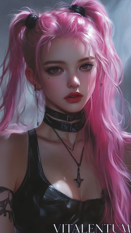Pink-haired gothic character portrait in leather attire.