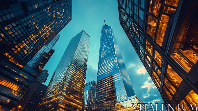 Twilight corporate towers with dramatic wide-angle perspective.