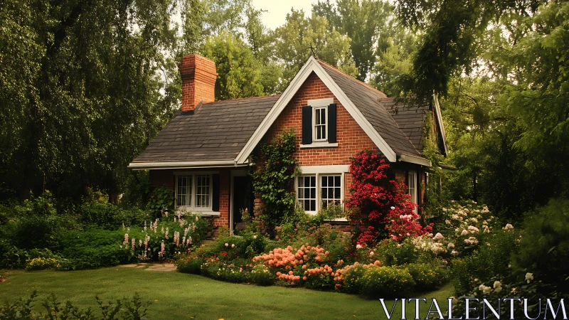 Sunlit brick cottage nestled in lush flowering garden.