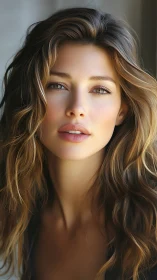 Close-up portrait of woman with wavy brown highlighted hair.