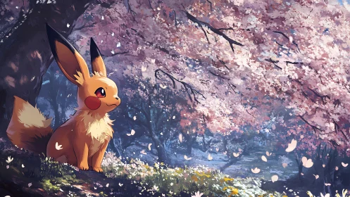 Gentle foxlike friend resting beneath drifting blossoms.