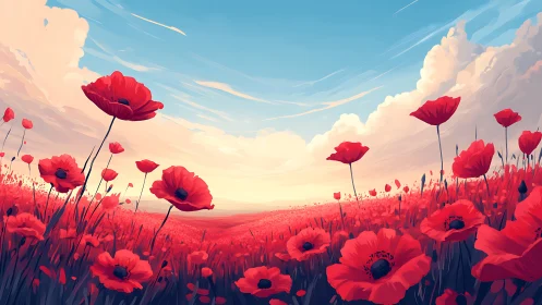 Digital painting of scarlet poppy meadow under glowing sky.