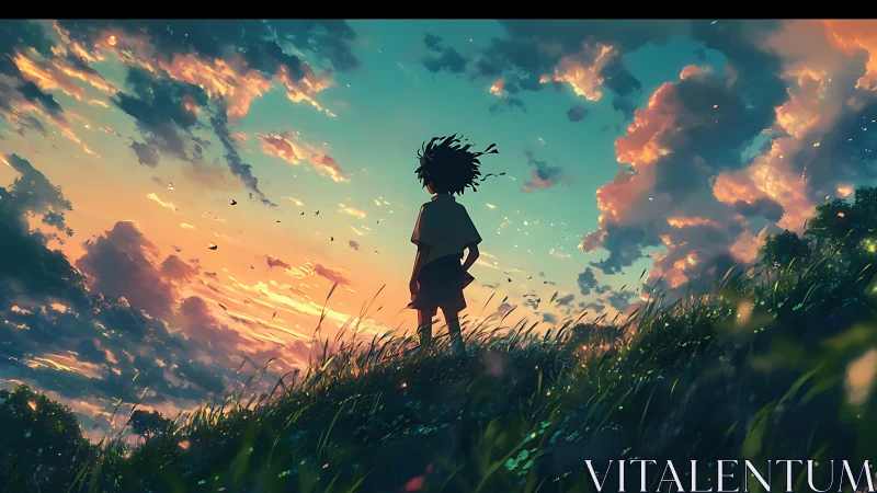 Silhouetted child stands on grassy hill under vivid sunset sky