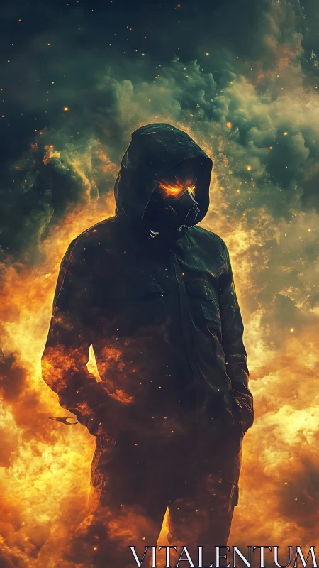 Hooded inferno figure in gas mask within glowing firestorm.