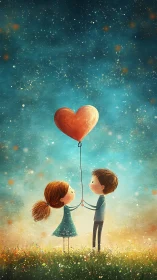 Two Children Holding Red Heart-Shaped Balloon Against Luminescent Turquoise Sky