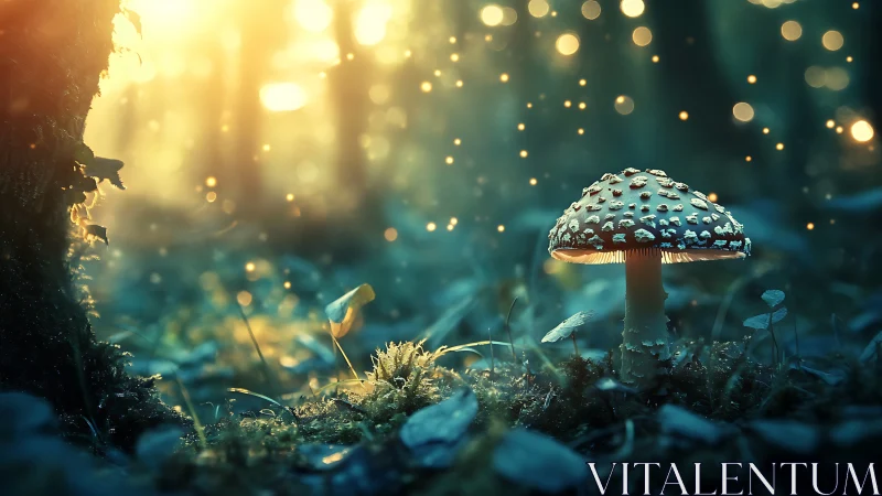 Single amanita mushroom glows under soft forest backlight