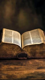 Open aged book rests on wooden surface in soft lighting
