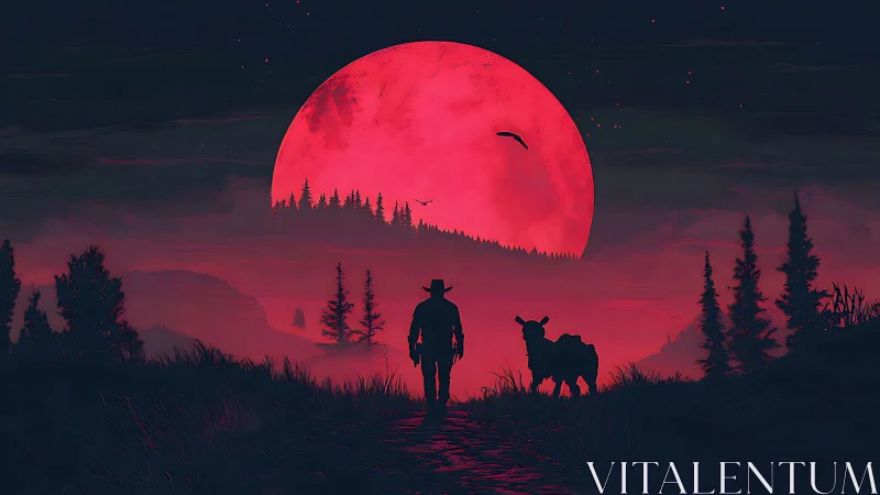 Cowboy and bull silhouettes under oversized crimson moon