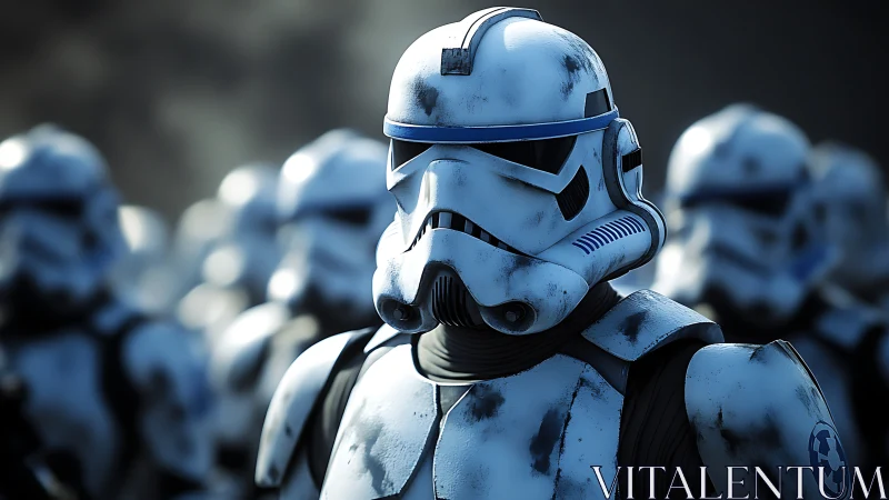 Armored sci-fi infantry portrait in cinematic shallow focus.