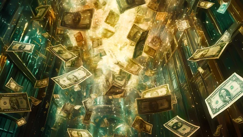 Explosive golden bank vault interior with swirling dollar bills