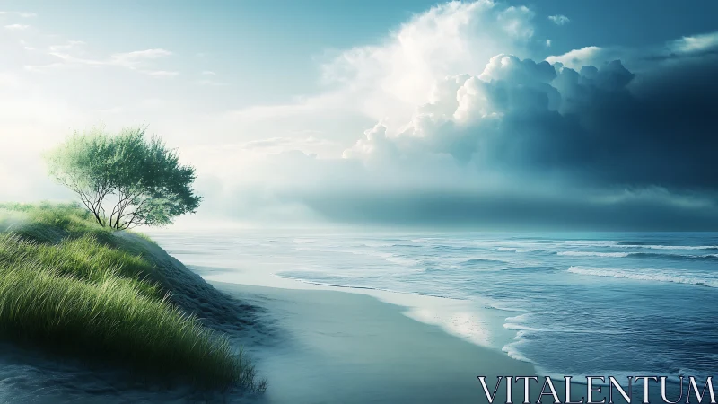Coastal dunes, solitary tree and clouded shoreline seascape.
