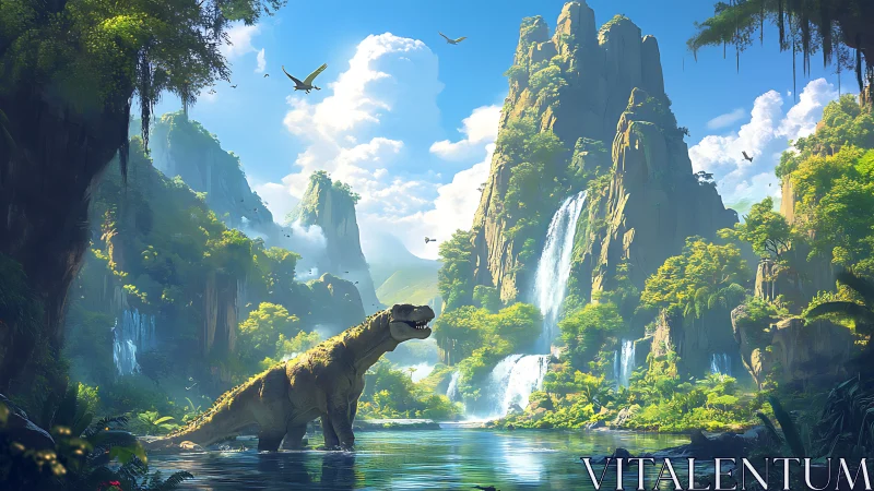 Sunlit dinosaur lagoon beneath soaring misty waterfalls.