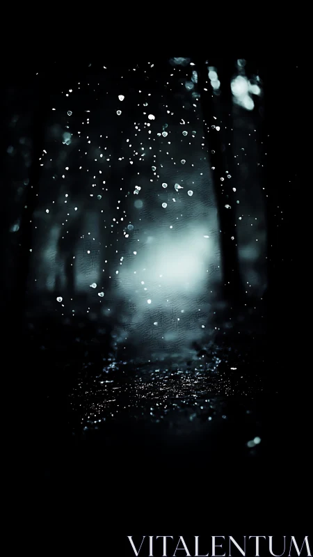 Backlit raindrops in shallow focus over dark forest path