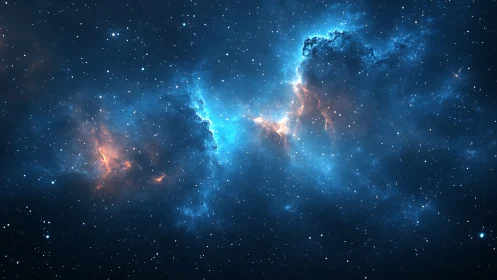 Diffuse blue nebula with orange gas regions in space.