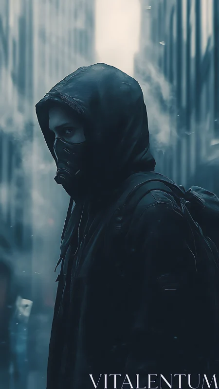 Hooded figure in gas mask walking through misty city street.