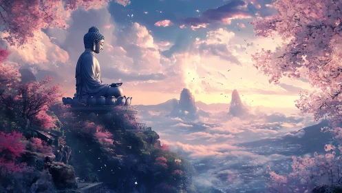 Serene Buddha statue above misty valley and blossoms.