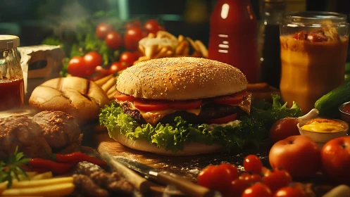 Hearty cheeseburger feast surrounded by fresh, colorful sides.