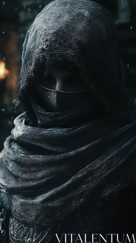 Hooded assassin portrait with high-contrast lighting and textured cowl