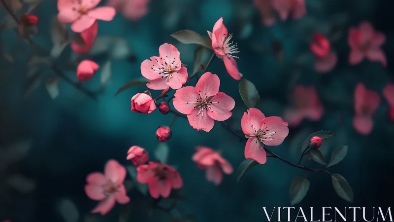 Pink Blossom Clusters in Deep Teal Depth of Field Composition.