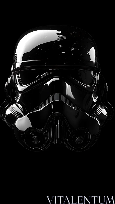 Black reflective sci‑fi helmet in centered frontal view.