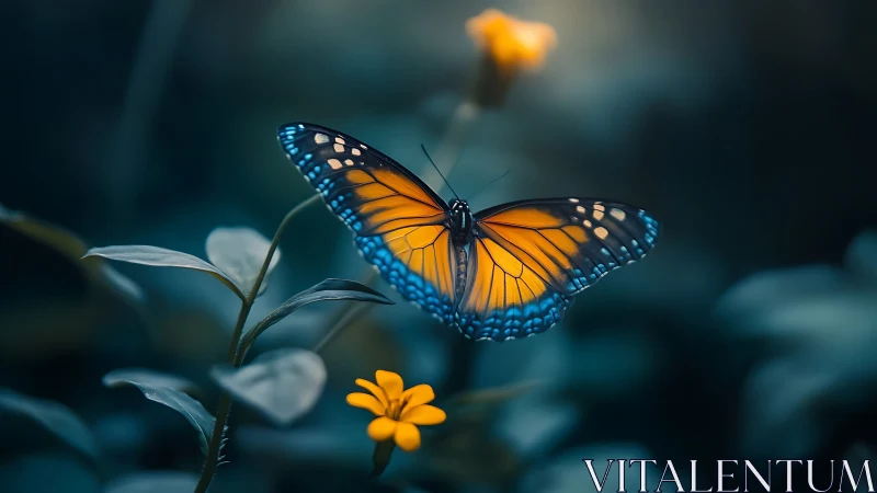 Vivid orange butterfly on small yellow flower in soft focus garden.