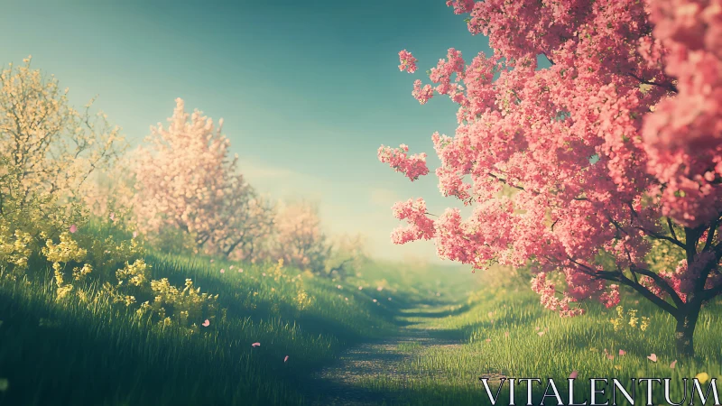 Soft spring pathway unfolds beneath blooming cherry trees