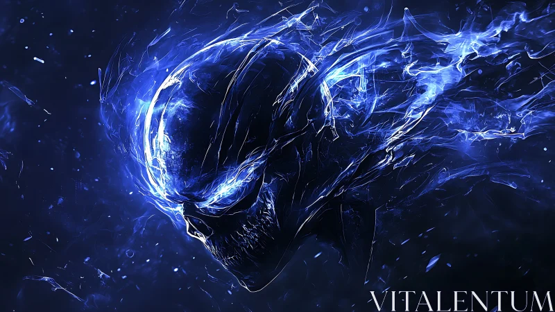 Glowing blue skeletal head rendered in dynamic digital flames