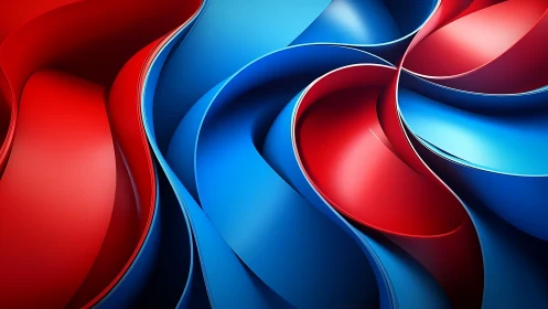 Curved red and blue ribbons forming glossy abstract waves.