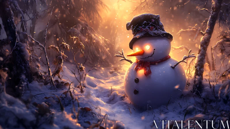 Glowing eyed snowman in snowy forest at warm sunset light.