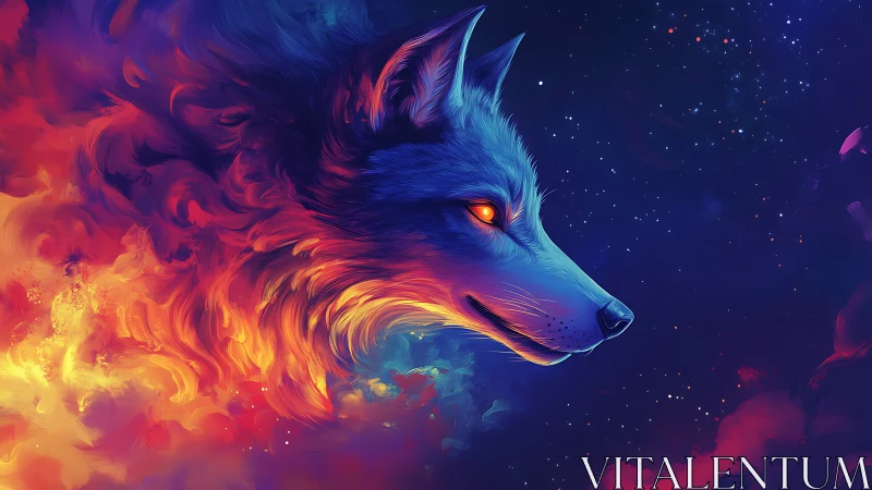 Digital wolf profile in multicolored cosmic nebula field.