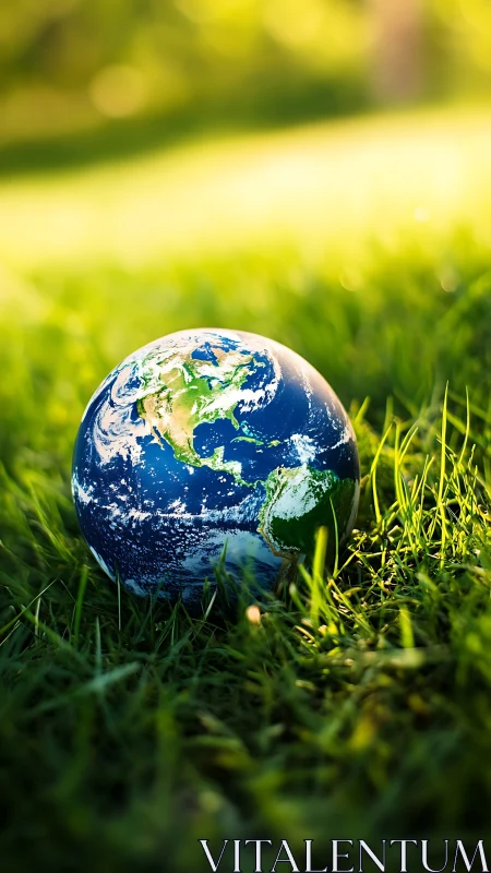 Miniature Earth globe resting on green grass outdoors.
