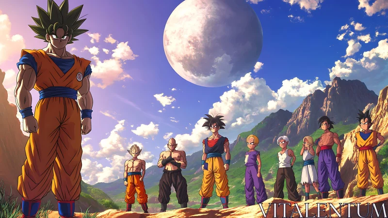 Panoramic anime lineup of fighters under large moonlit sky