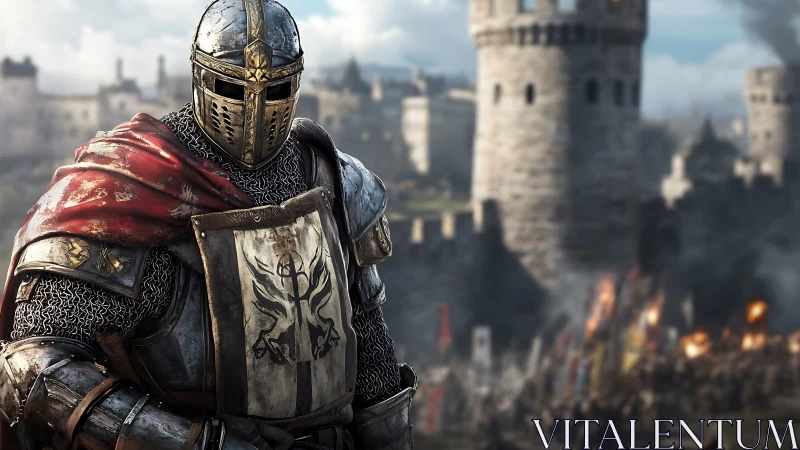 Armored crusader stands before besieged medieval fortress in haze