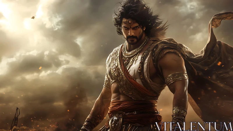 Warrior prince stands defiant beneath storm-lit battlefield skies.