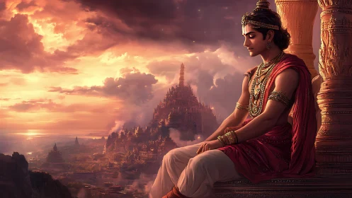 Prince in jeweled robes contemplates an ancient sky city.