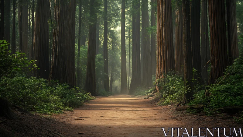 Ancient redwood forest pathway bathed in ethereal light.