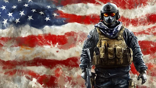 Armored tactical soldier stands before distressed US flag backdrop
