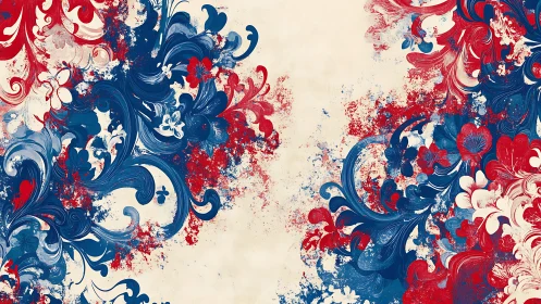 Dynamic tricolor floral curls form mirrored ink-splash composition