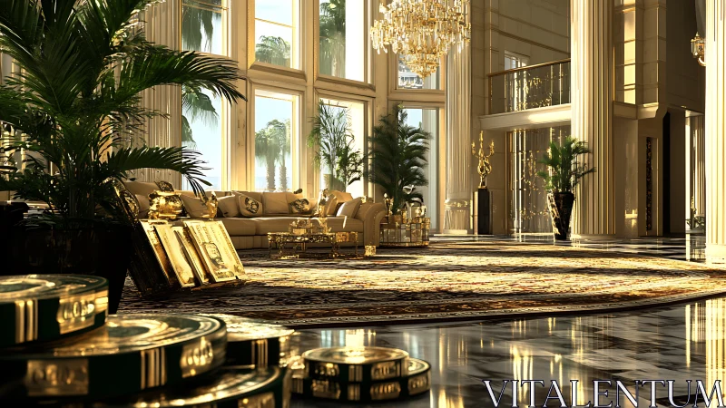 Opulent sunlit mansion lobby gleams with gold accents.