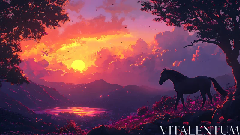 Silhouetted horse overlooks radiant sunset valley lake
