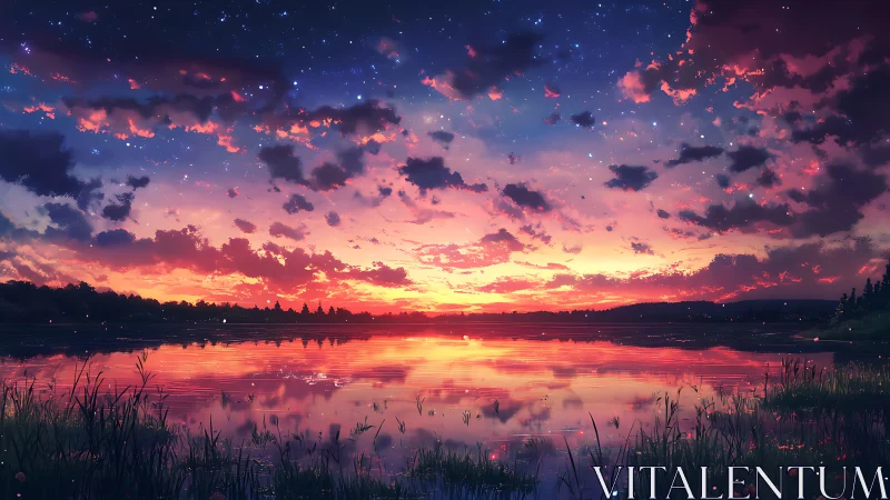 Sunset sky reflects across still lake surface with grass foreground