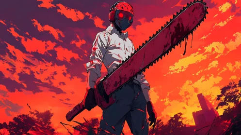 Masked figure with bloodied chainsaw at red sunset sky.