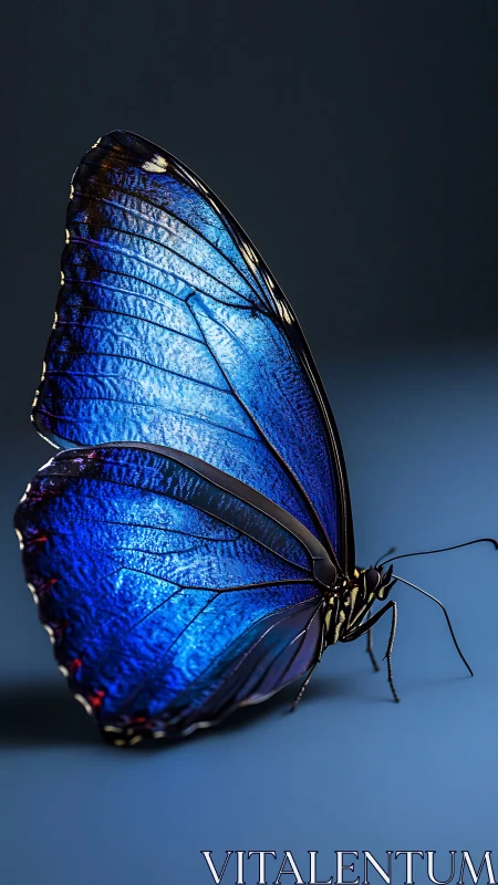 Blue butterfly side profile on smooth dark surface.