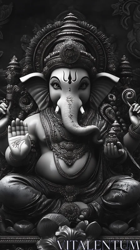 Silver moonlit Ganesha idol wrapped in ornate sacred shadow.