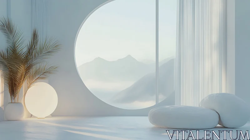 Serene Modern Interior with Mountain View Through Round Window.