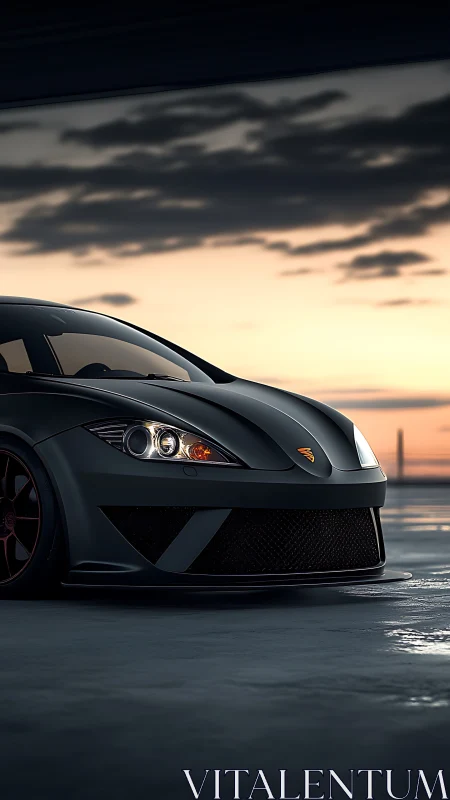 Sleek matte sports car waits under a dramatic sunset sky
