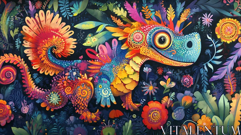 Color-saturated reptile illustration within dense foliage scene.