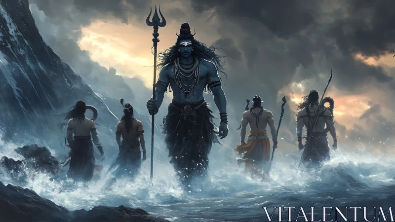 Storm-treading blue deity strides seaward with spectral guard