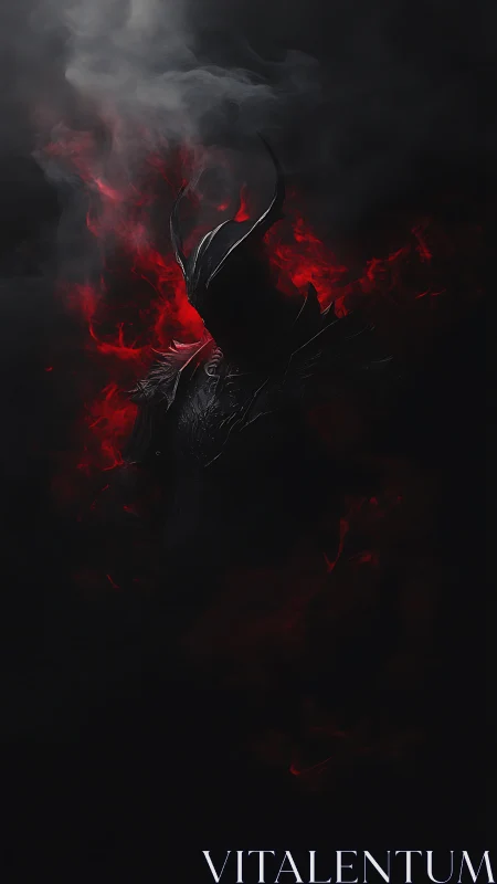 Shadow warlord emerges through crimson inferno haze.